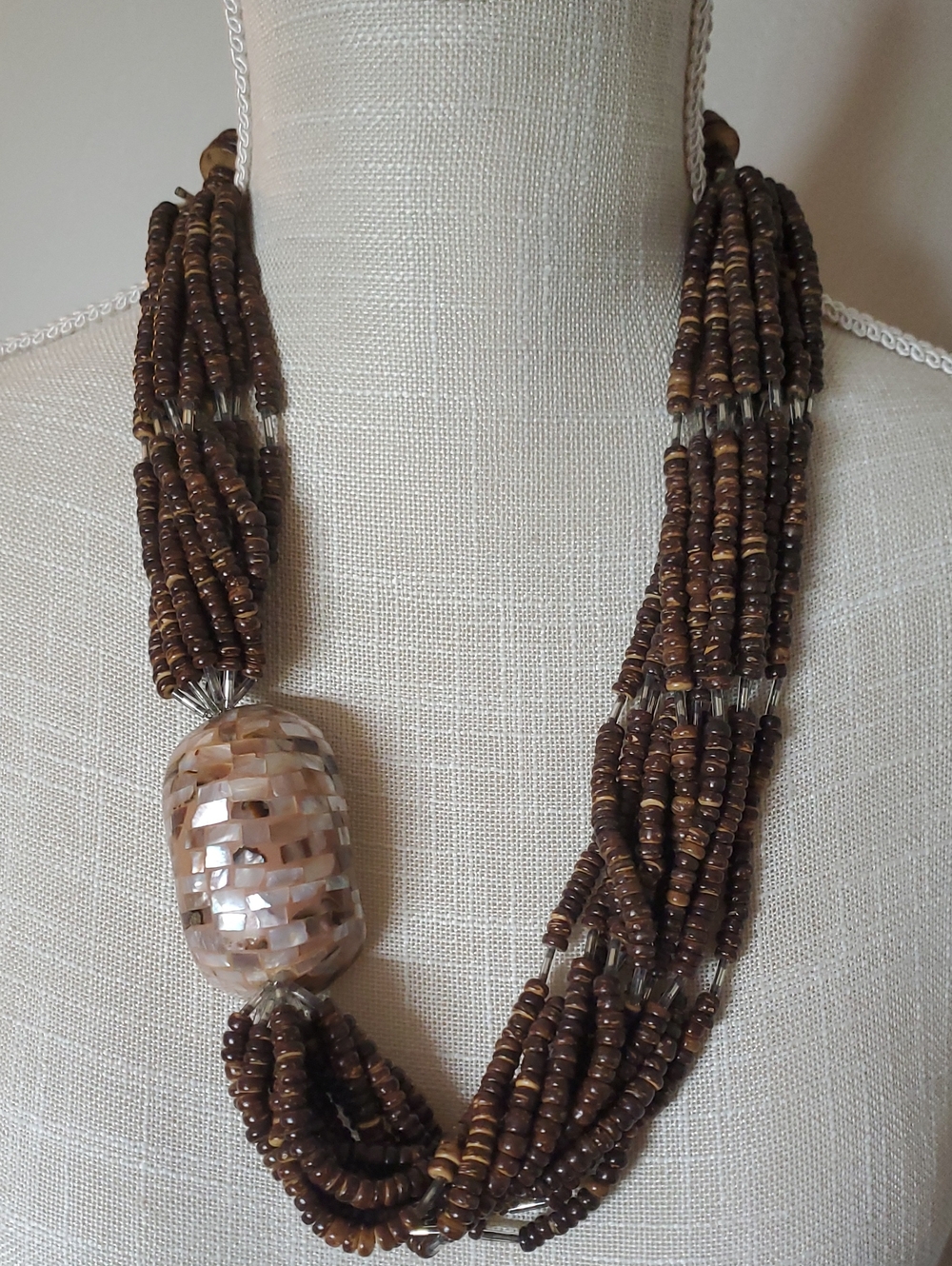 Brown Coconut Shell Bead Multi-Strand  Necklace inlaid Abalone Mosaic Pendant